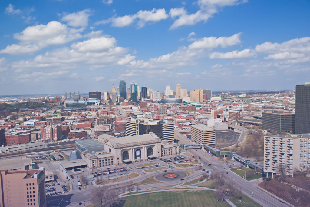 Skyline of Kansas City with Blue Fluffy Clouds