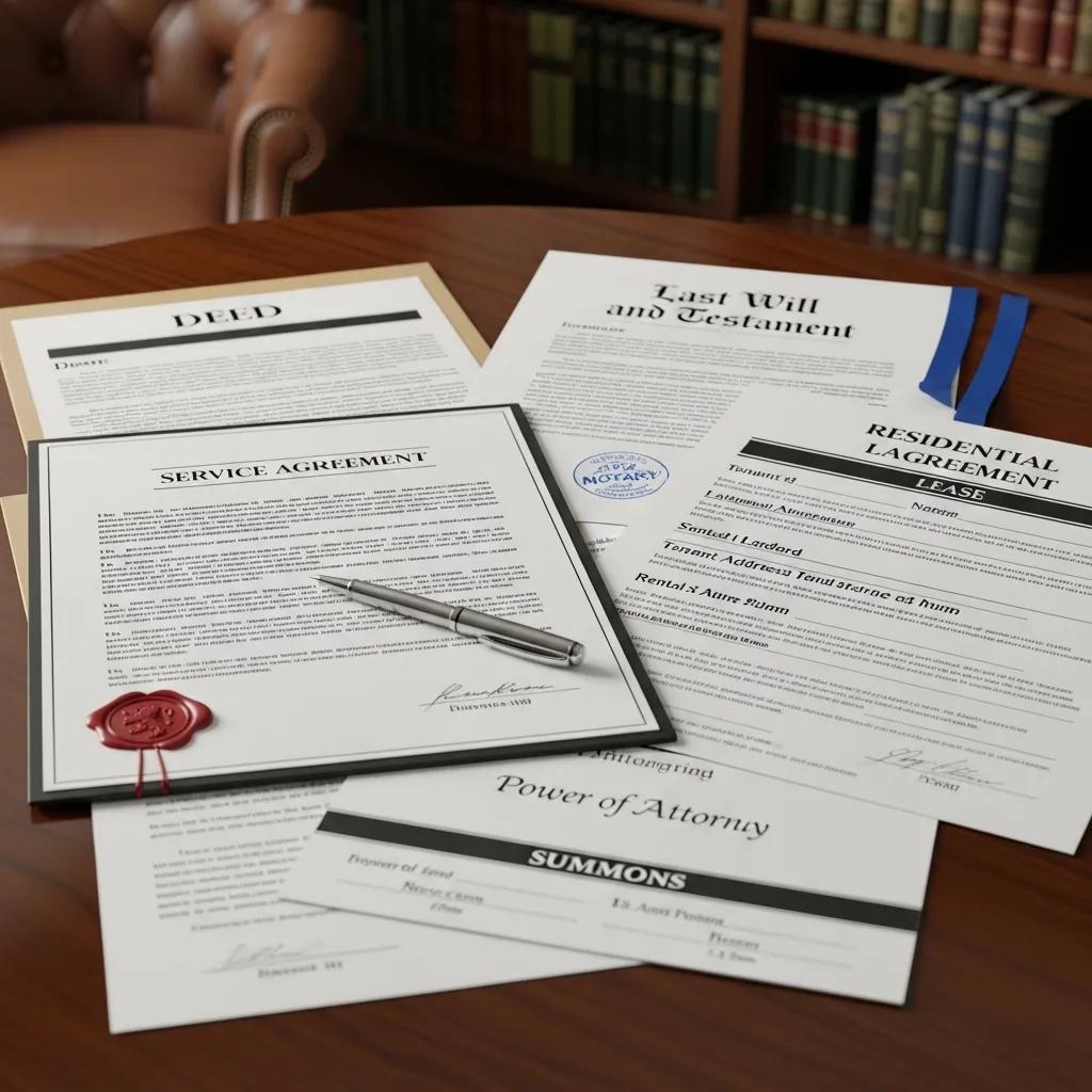 Collection of common legal documents including a contract, will, and lease, illustrating essential types for legal comprehension
