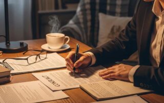 Cozy workspace with legal documents, coffee, and a notepad, emphasizing the importance of understanding legal paperwork