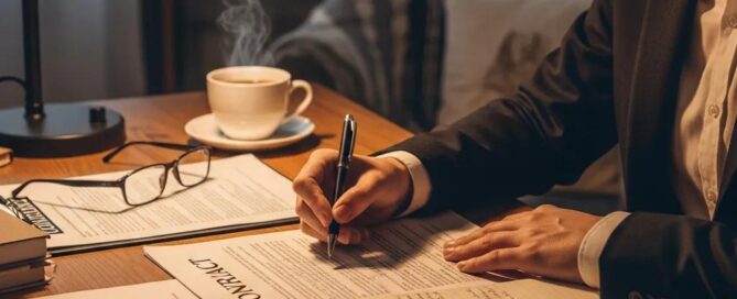 Cozy workspace with legal documents, coffee, and a notepad, emphasizing the importance of understanding legal paperwork