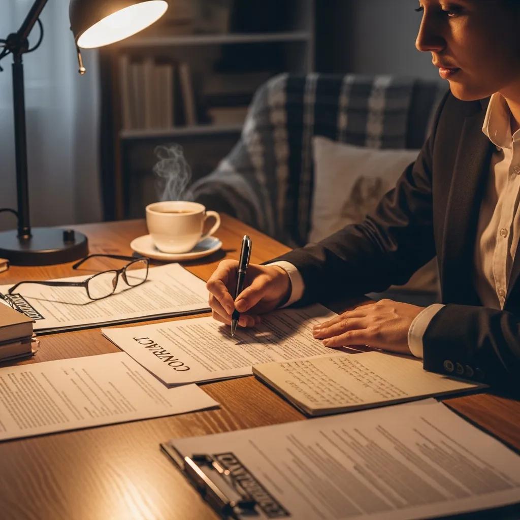 Cozy workspace with legal documents, coffee, and a notepad, emphasizing the importance of understanding legal paperwork