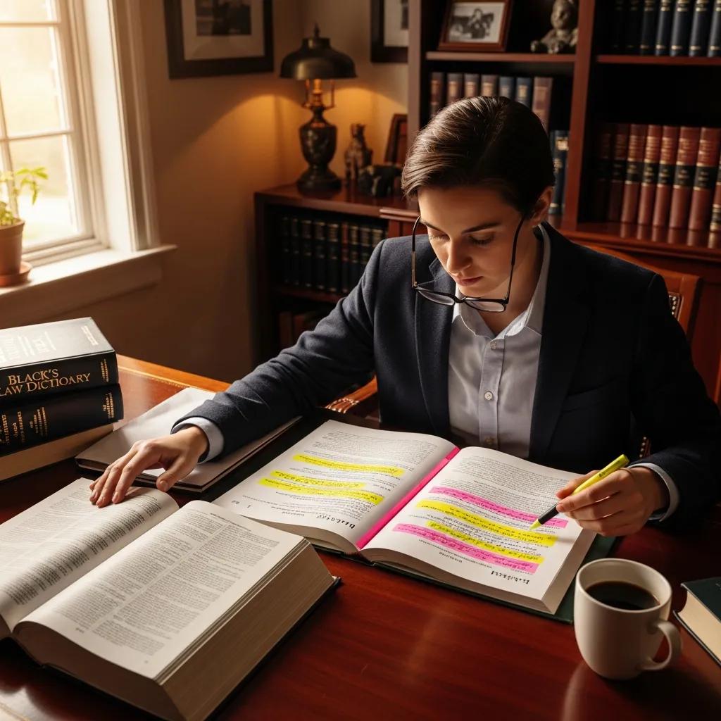 Person decoding legal jargon with a dictionary and highlighted document, showcasing the process of simplifying complex legal language