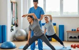 Physical therapist assisting a patient with rehabilitation exercises in a bright therapy room
