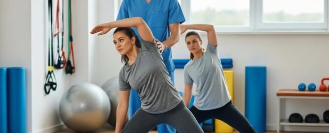 Physical therapist assisting a patient with rehabilitation exercises in a bright therapy room